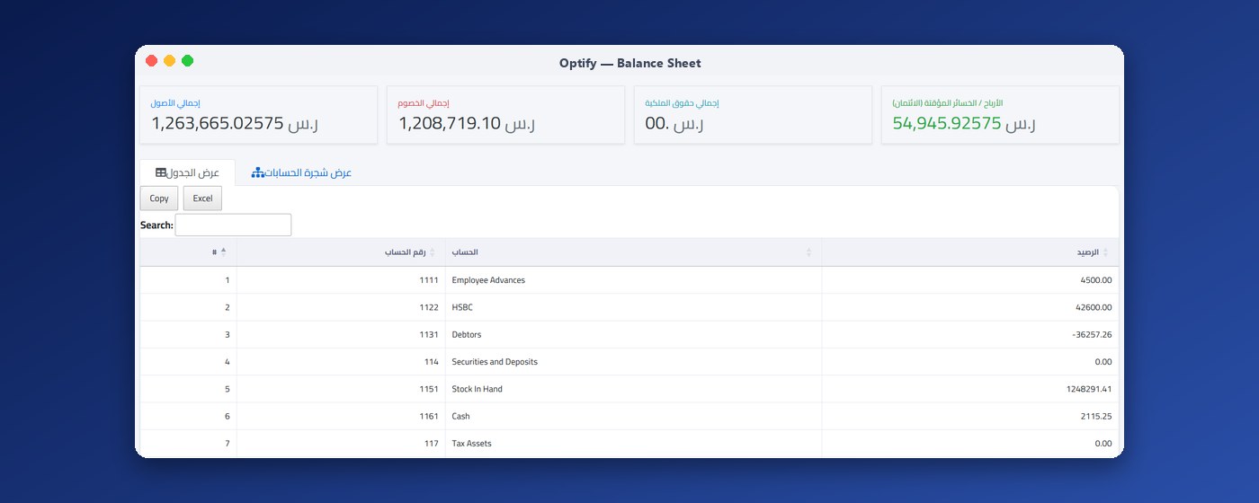Optify balance sheet report with assets, liabilities and equity summary